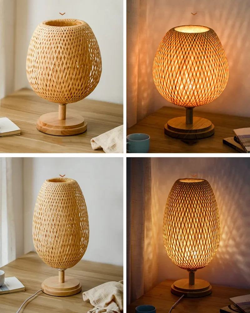 Wood Rattan Lampshade Room Home Decor Art Desk Light