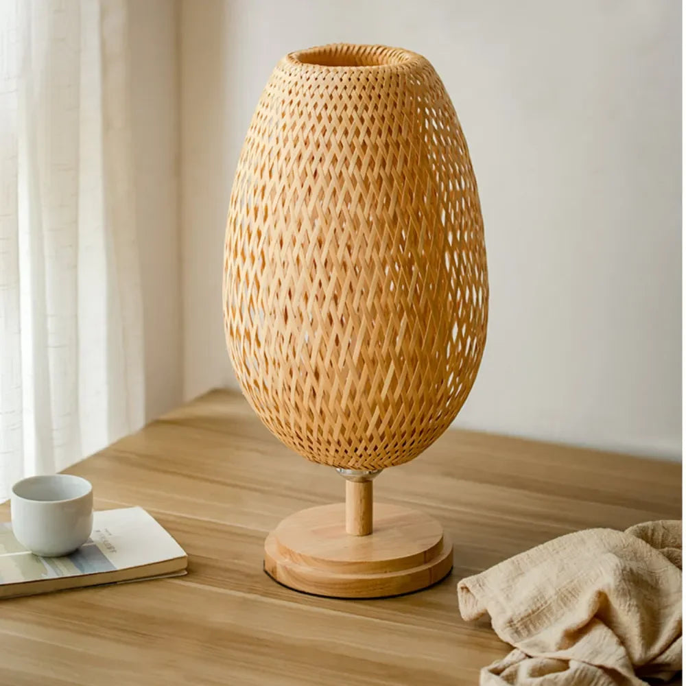 Wood Rattan Lampshade Room Home Decor Art Desk Light