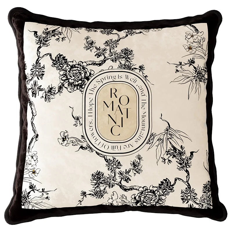 Retro Black Flora Pillow Cover Ivory Sofa Cushion Case Chinese Luxury Velvet