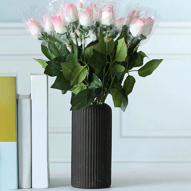 Striped Ceramic-Like Plastic Vase For Flowers Decorative Floral Arrangement