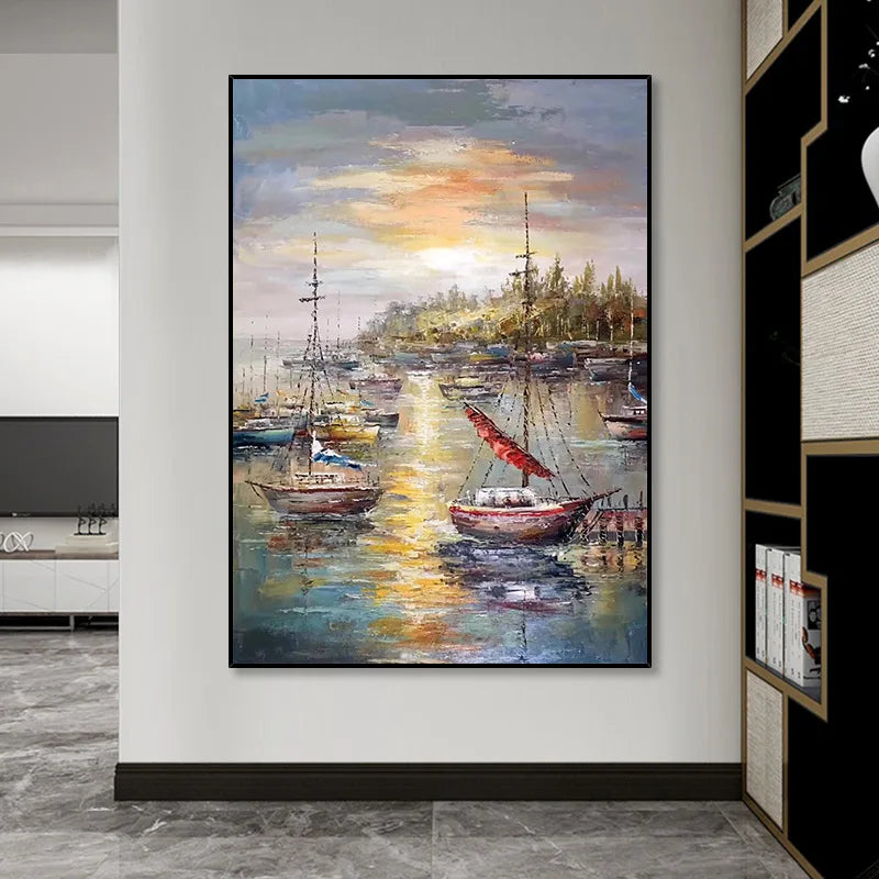 Modern Hand Painted Oil Painting on Canvas Sailing Boat on The Sea Abstract Painting