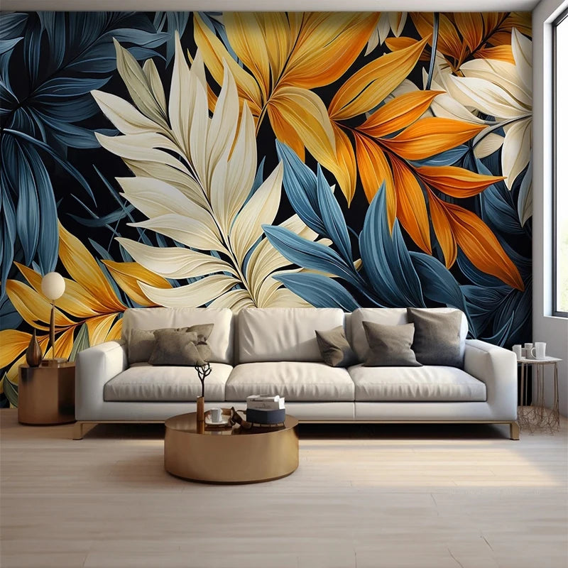 Custom 3D Photo Mural Paper Large Feather Leaves Bright Color Retro Wallpaper Bedroom