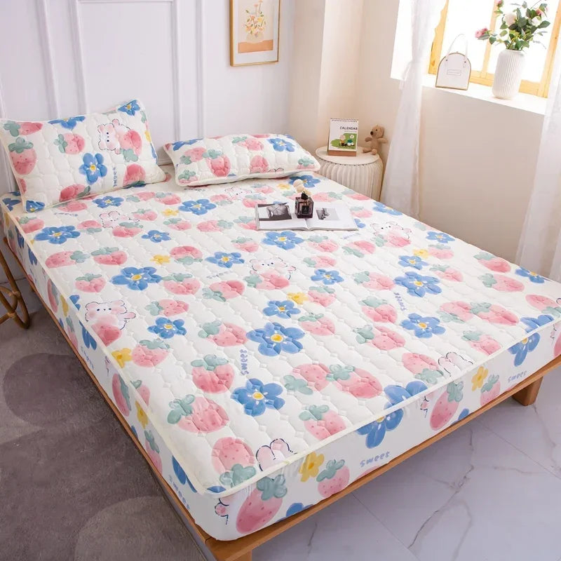 Thick Quilted Mattress Cover, Stitched Bed Linen, Printed Bedding