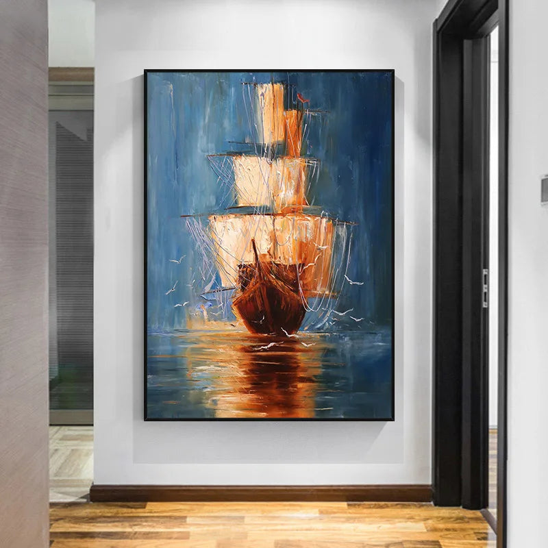 Modern Hand Painted Oil Painting on Canvas Sailing Boat on The Sea Abstract Painting