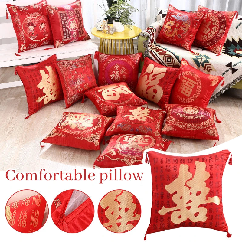 Chinese Red Embroidery Throw Pillow New Year/Engaged/Wedding Gifts Sofa