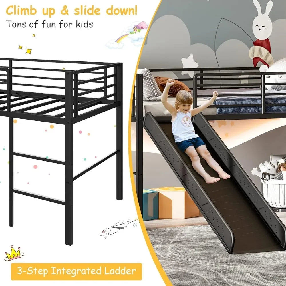 Twin Loft Bed with Slide, Metal Low Bunk Bed w/Safety Guardrails & Built-in Ladder