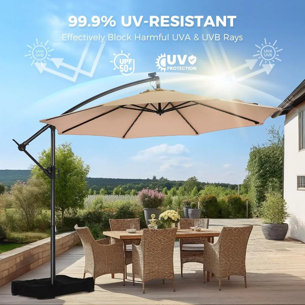 Solar Lights Offset Cantilever Patio Umbrella - w/Light and Base