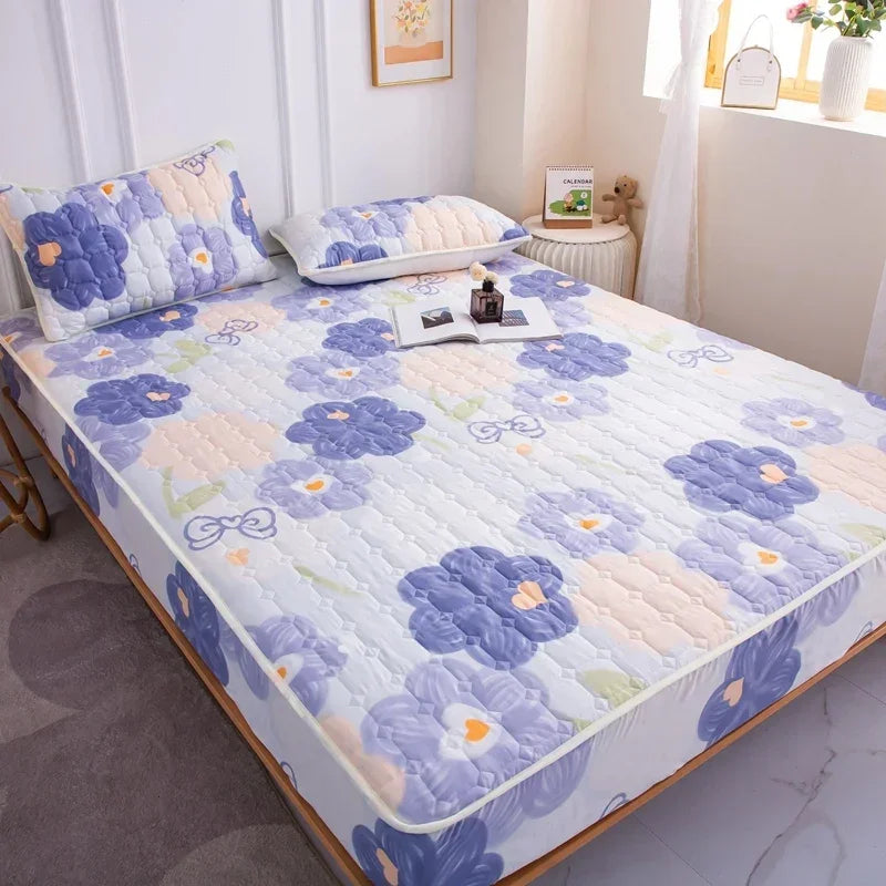 Thick Quilted Mattress Cover, Stitched Bed Linen, Printed Bedding