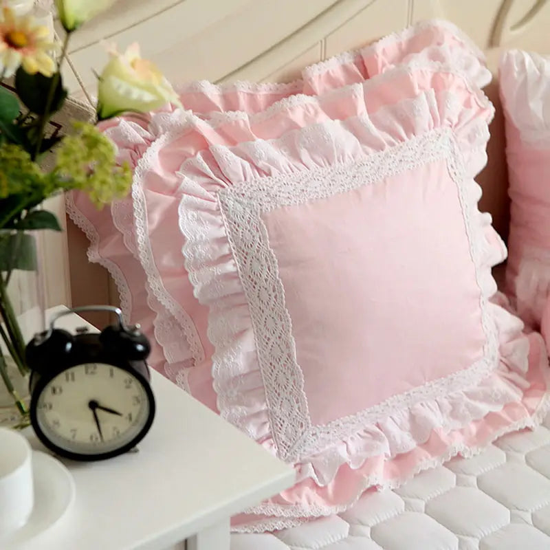 Pink European embroidered cushion cover ruffle Lace Satin cotton pillow cover