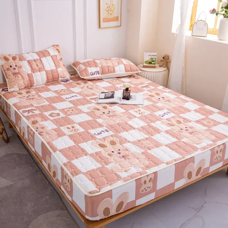 Thick Quilted Mattress Cover, Stitched Bed Linen, Printed Bedding