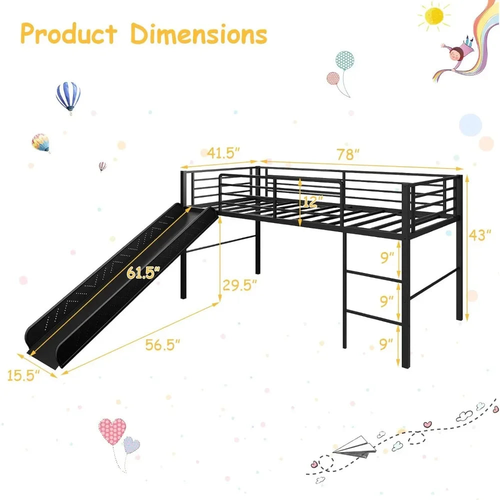 Twin Loft Bed with Slide, Metal Low Bunk Bed w/Safety Guardrails & Built-in Ladder