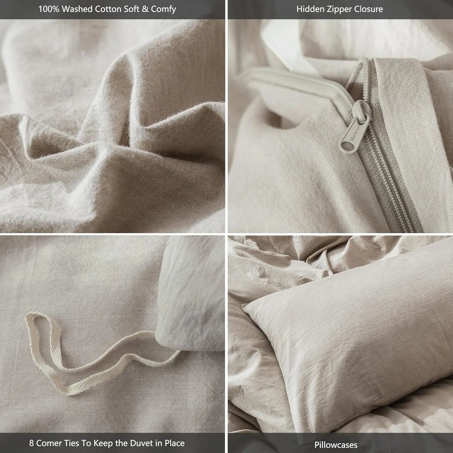 Bedding Duvet Cover Set 100% Washed Cotton Linen Like Textured Breathable