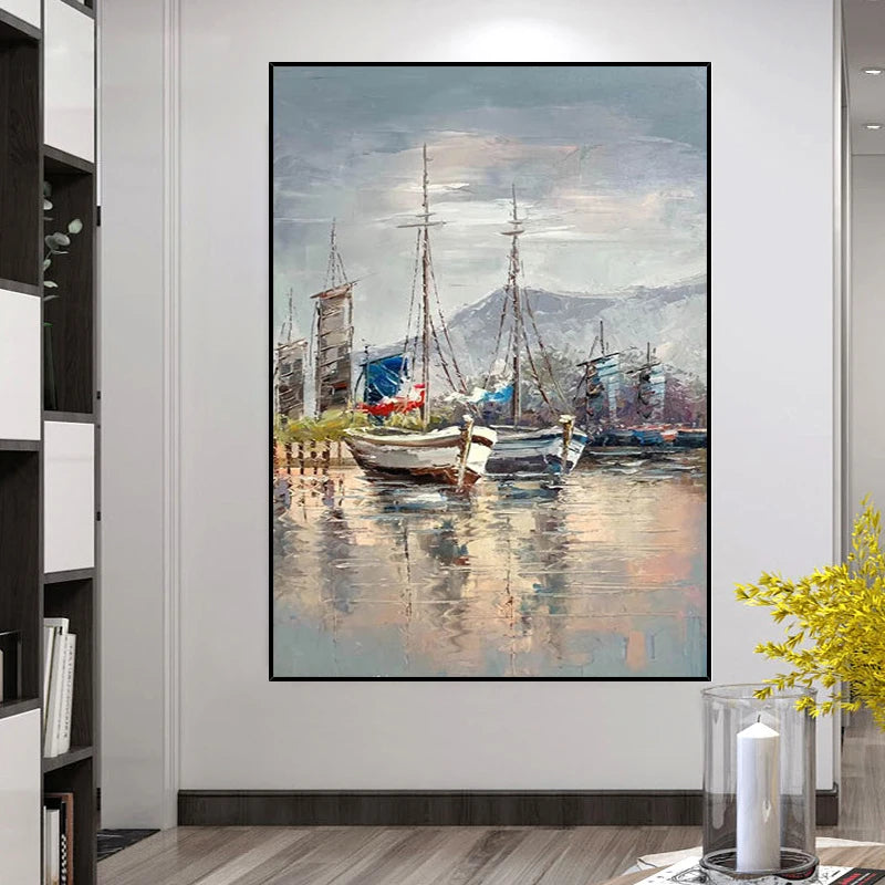 Modern Hand Painted Oil Painting on Canvas Sailing Boat on The Sea Abstract Painting