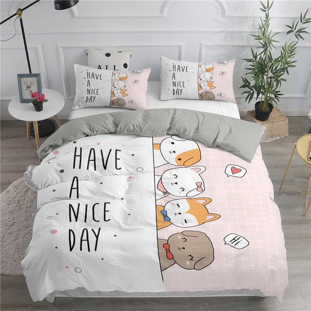 Cartoon Bedding Set Cute Cats Printed 3D Duvet Cover Set Twin Full Queen King