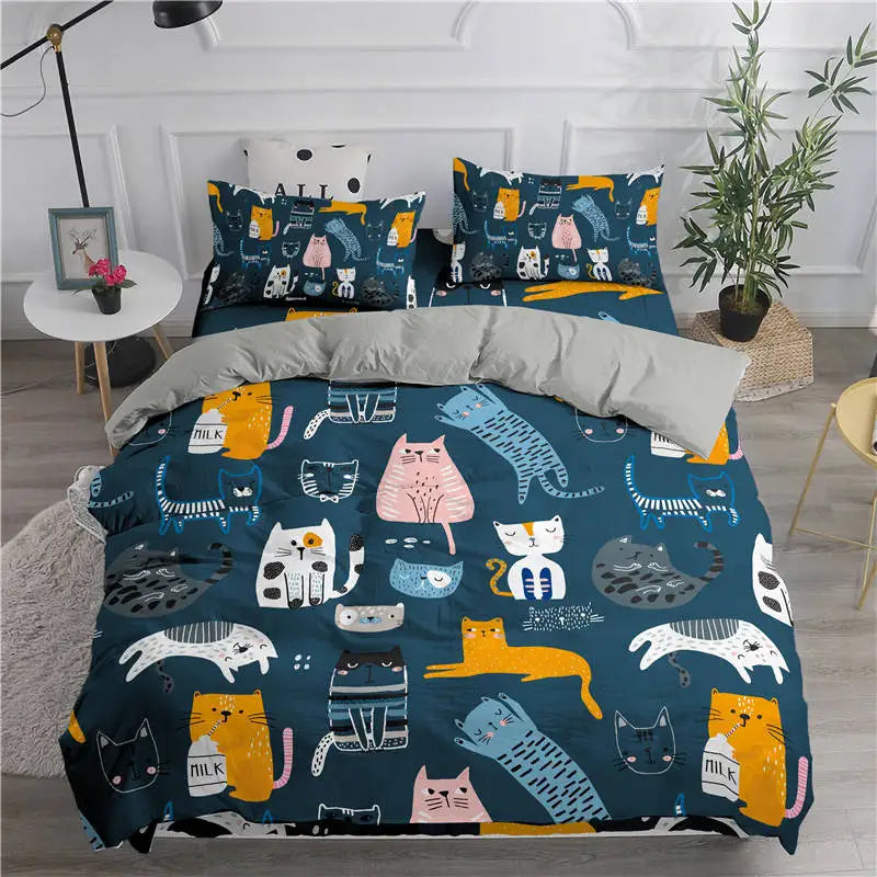 Cartoon Bedding Set Cute Cats Printed 3D Duvet Cover Set Twin Full Queen King