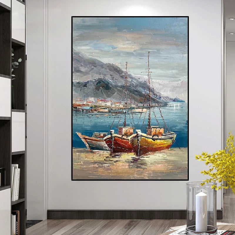 Modern Hand Painted Oil Painting on Canvas Sailing Boat on The Sea Abstract Painting