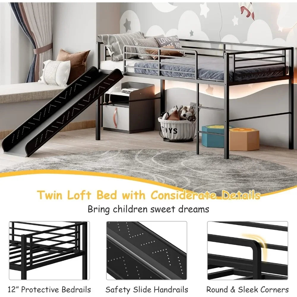 Twin Loft Bed with Slide, Metal Low Bunk Bed w/Safety Guardrails & Built-in Ladder