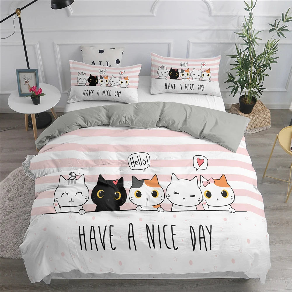 Cartoon Bedding Set Cute Cats Printed 3D Duvet Cover Set Twin Full Queen King