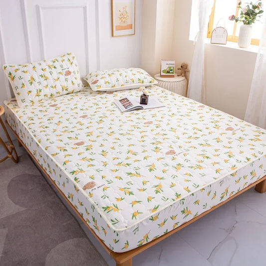 Thick Quilted Mattress Cover, Stitched Bed Linen, Printed Bedding