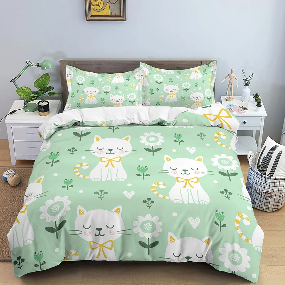 Cartoon Bedding Set Cute Cats Printed 3D Duvet Cover Set Twin Full Queen King