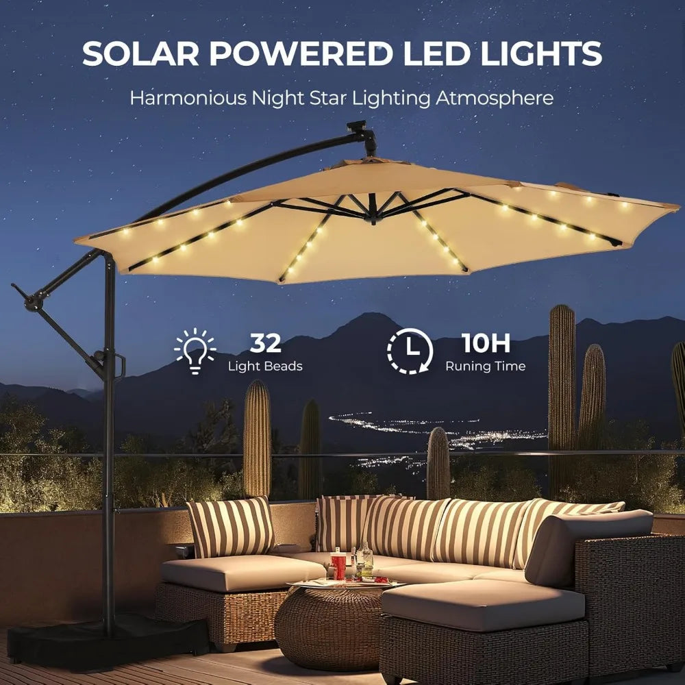 Solar Lights Offset Cantilever Patio Umbrella - w/Light and Base