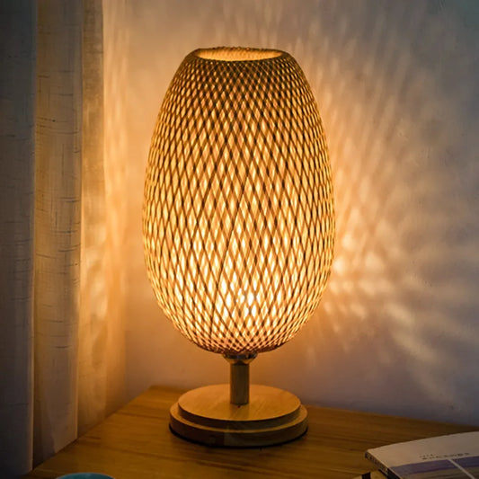 Wood Rattan Lampshade Room Home Decor Art Desk Light