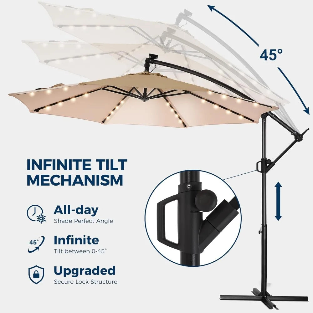 Solar Lights Offset Cantilever Patio Umbrella - w/Light and Base