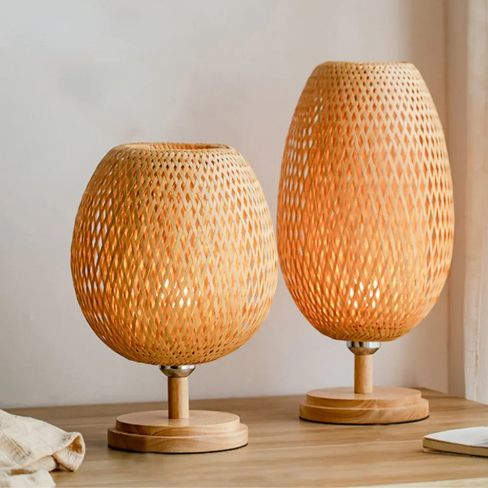 Wood Rattan Lampshade Room Home Decor Art Desk Light