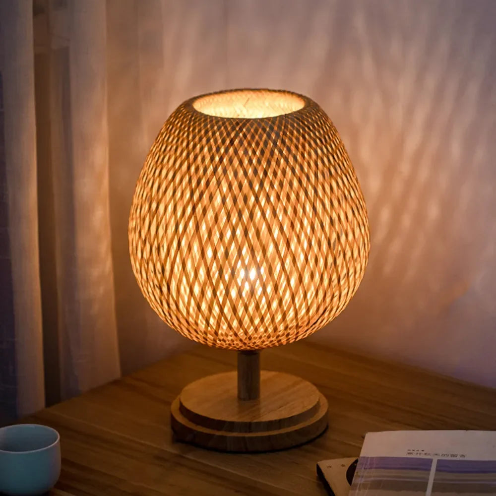 Wood Rattan Lampshade Room Home Decor Art Desk Light