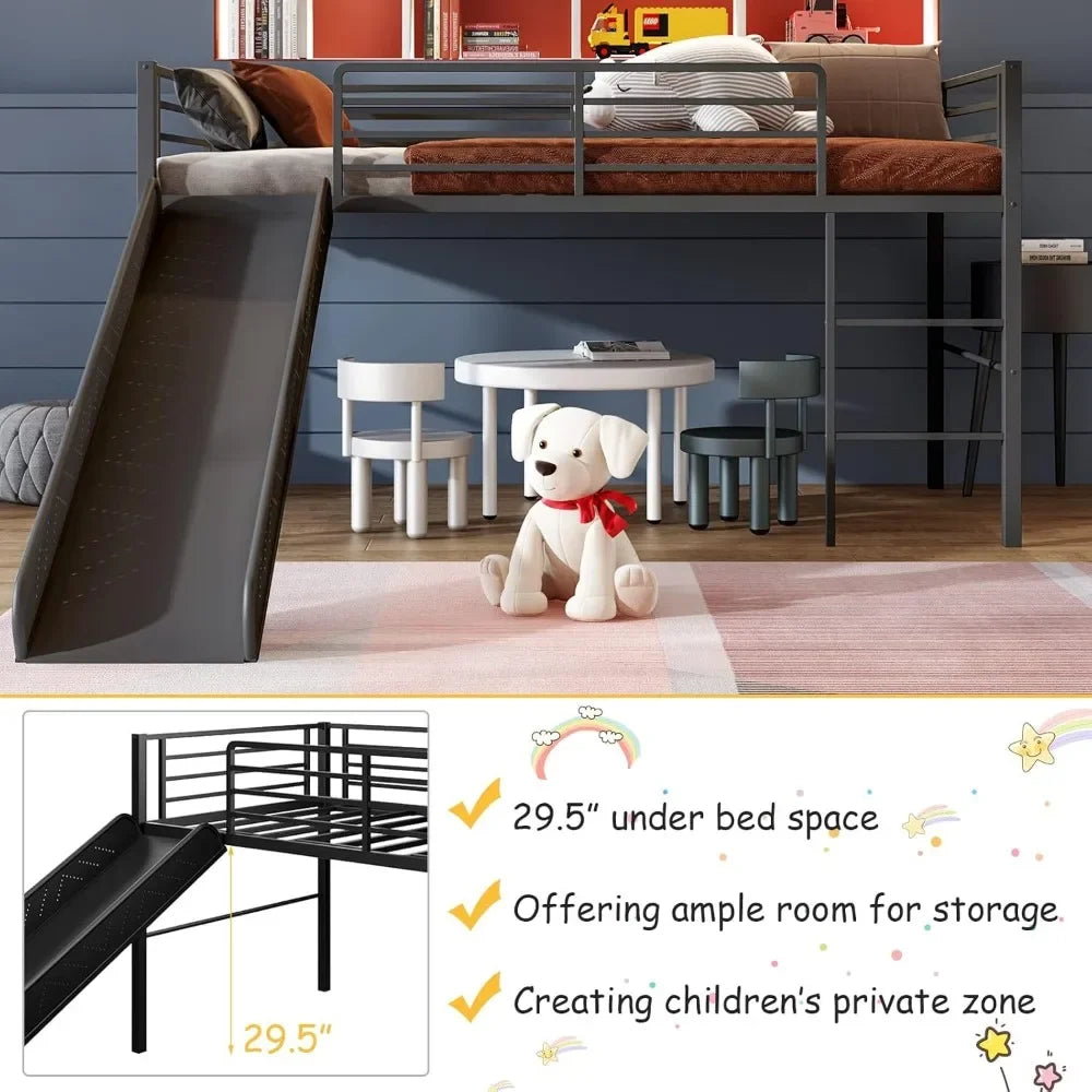 Twin Loft Bed with Slide, Metal Low Bunk Bed w/Safety Guardrails & Built-in Ladder