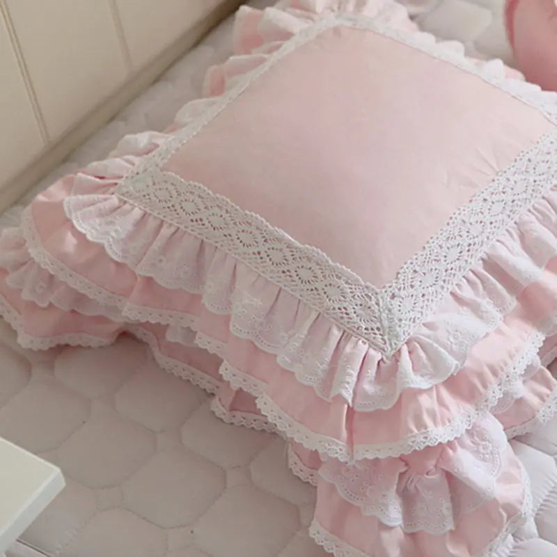 Pink European embroidered cushion cover ruffle Lace Satin cotton pillow cover