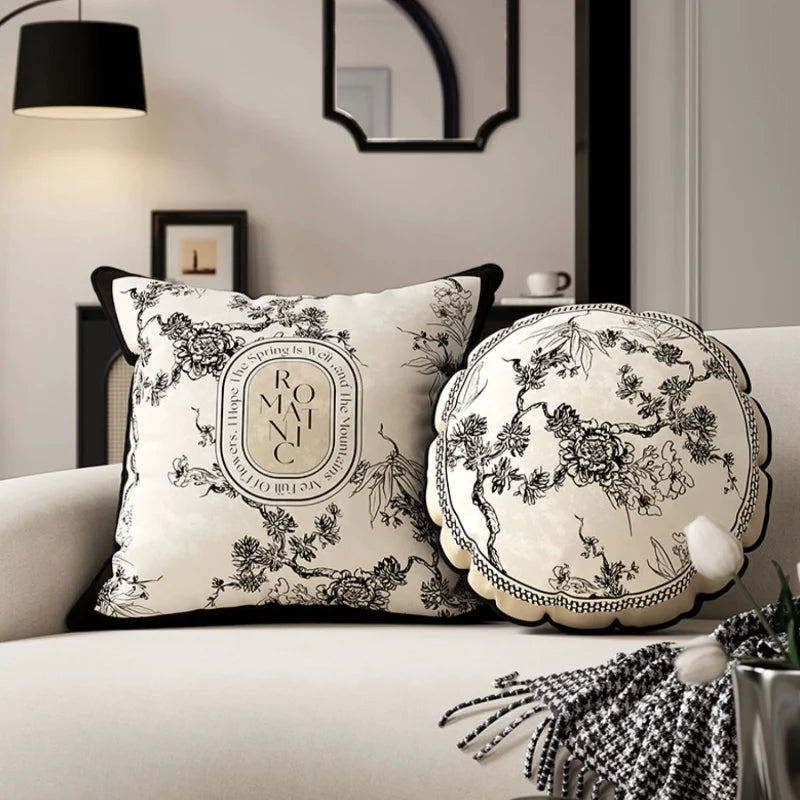 Retro Black Flora Pillow Cover Ivory Sofa Cushion Case Chinese Luxury Velvet