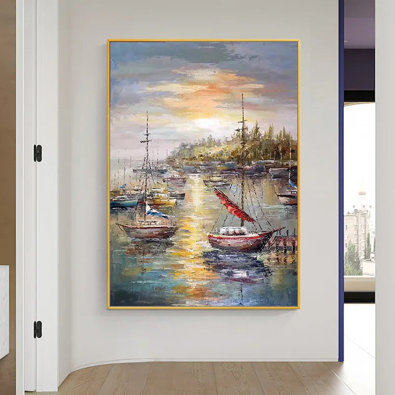 Modern Hand Painted Oil Painting on Canvas Sailing Boat on The Sea Abstract Painting