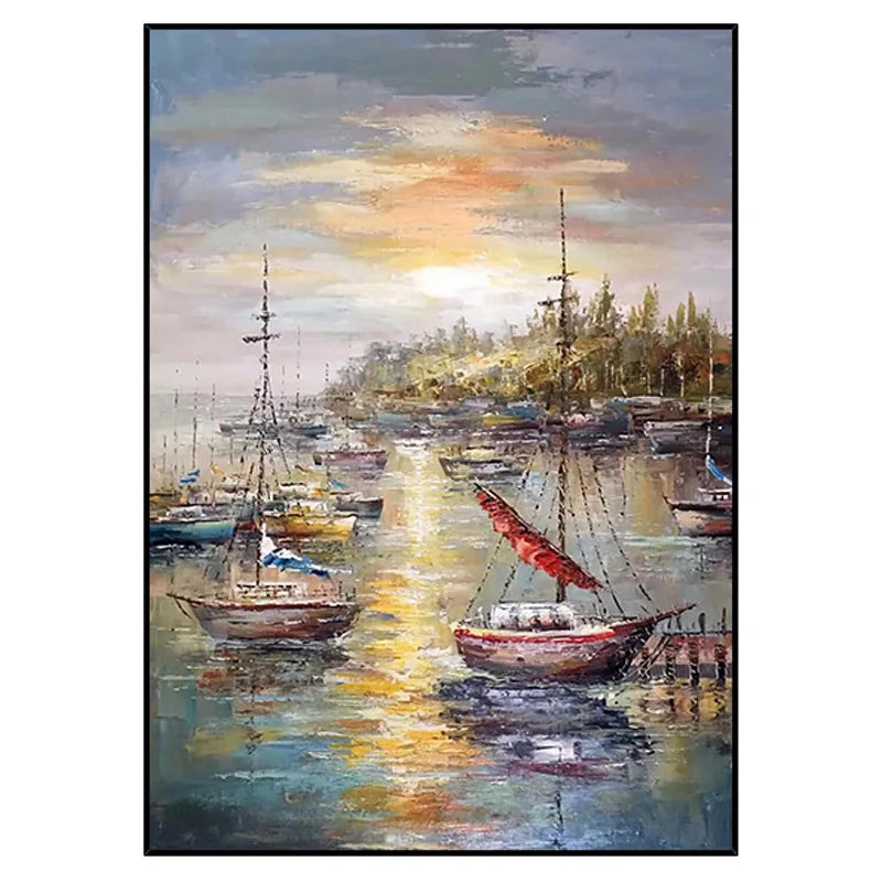 Modern Hand Painted Oil Painting on Canvas Sailing Boat on The Sea Abstract Painting