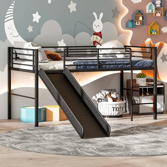 Twin Loft Bed with Slide, Metal Low Bunk Bed w/Safety Guardrails & Built-in Ladder