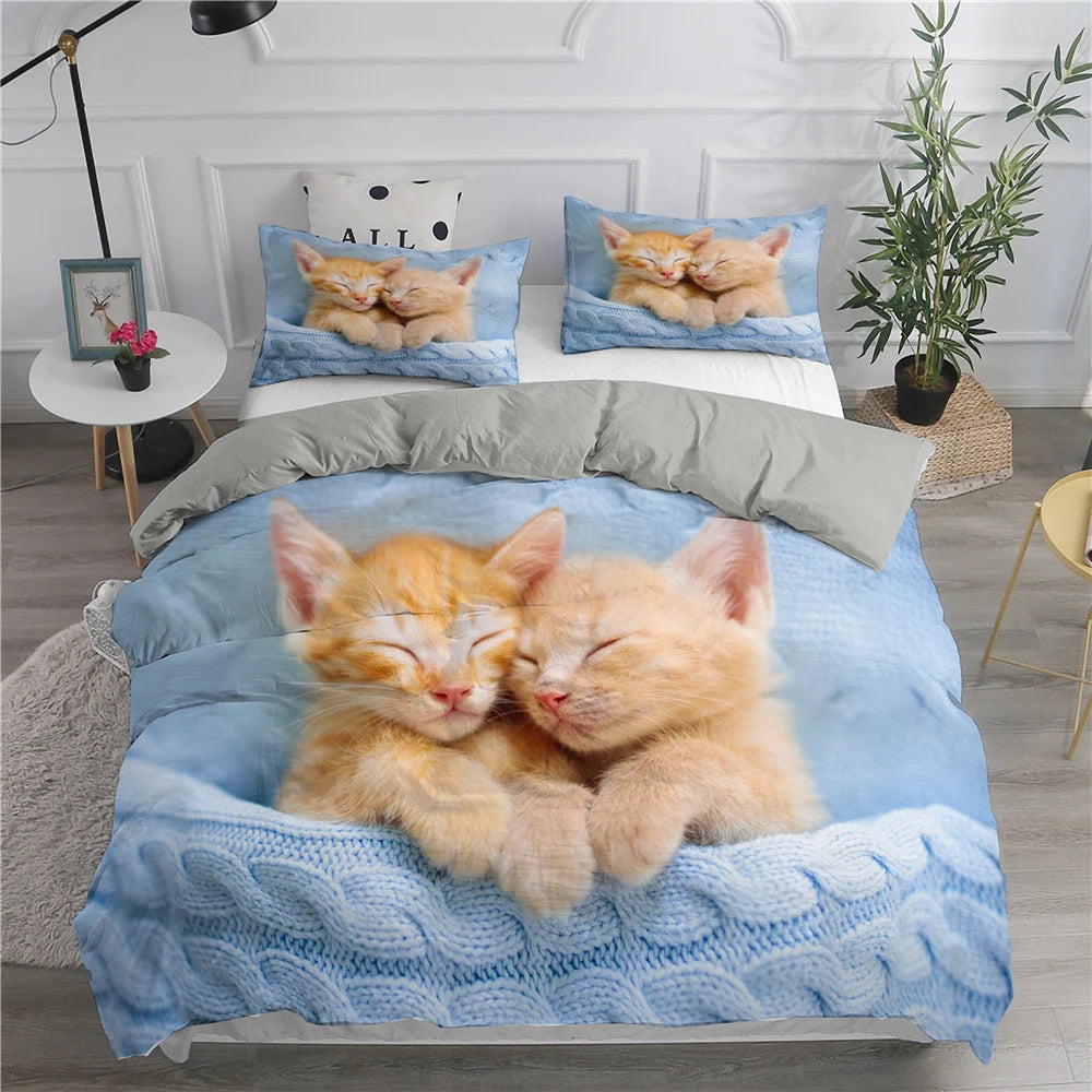 Cartoon Bedding Set Cute Cats Printed 3D Duvet Cover Set Twin Full Queen King