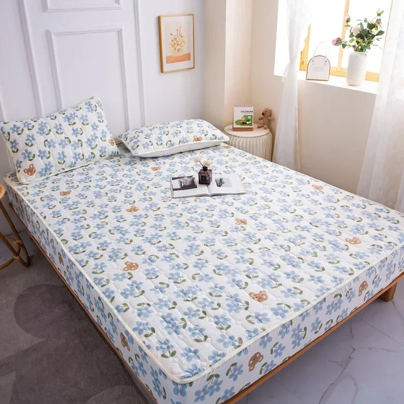 Thick Quilted Mattress Cover, Stitched Bed Linen, Printed Bedding