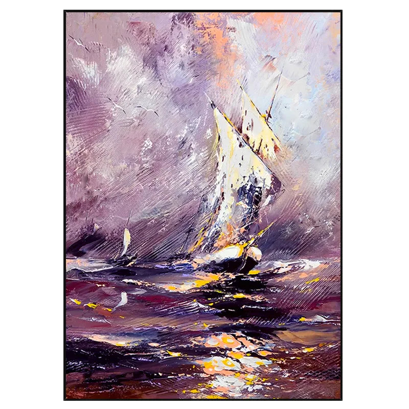 Modern Hand Painted Oil Painting on Canvas Sailing Boat on The Sea Abstract Painting