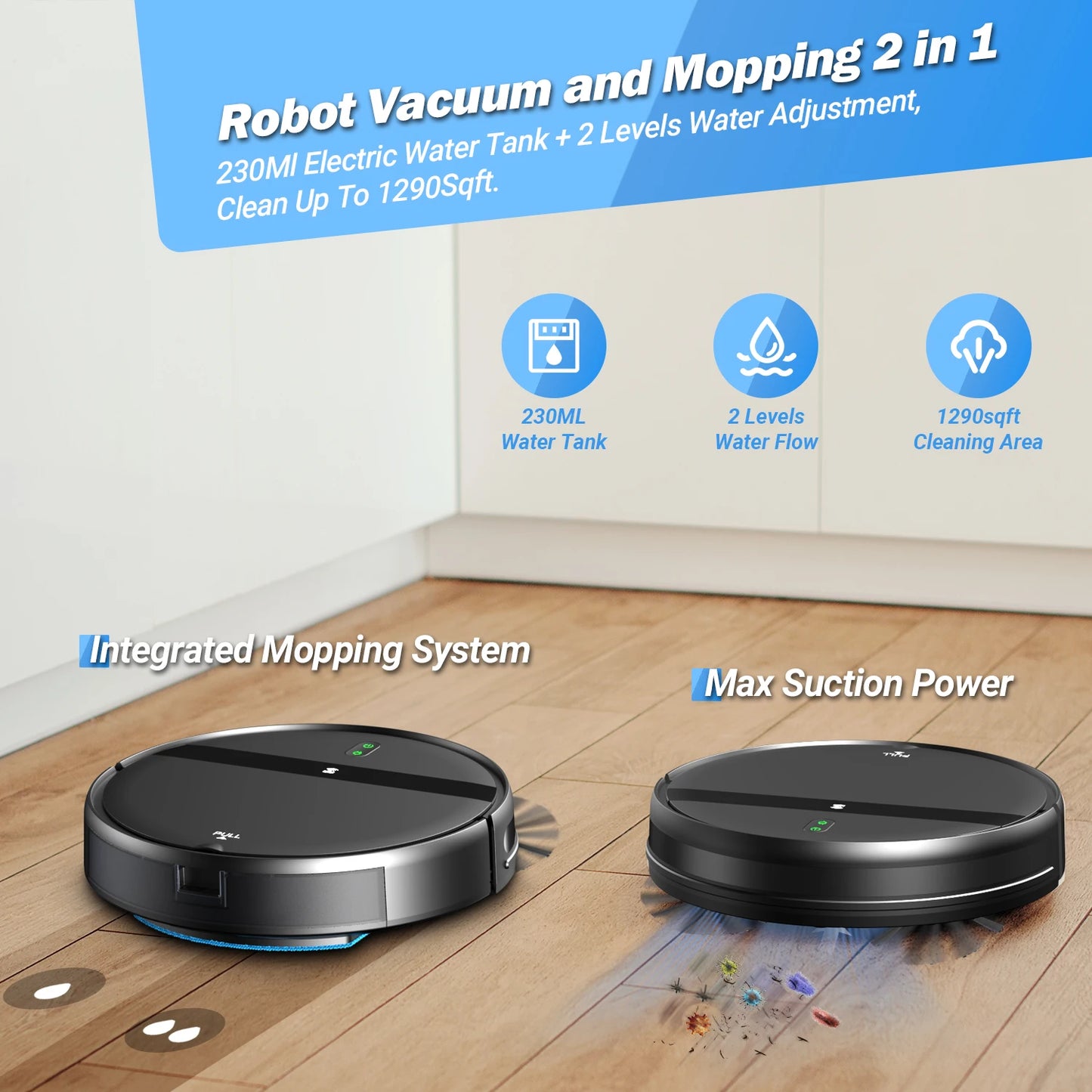 Robot Vacuum Cleaner 1400Pa Strong Suction 2500mAh Battery 3in1