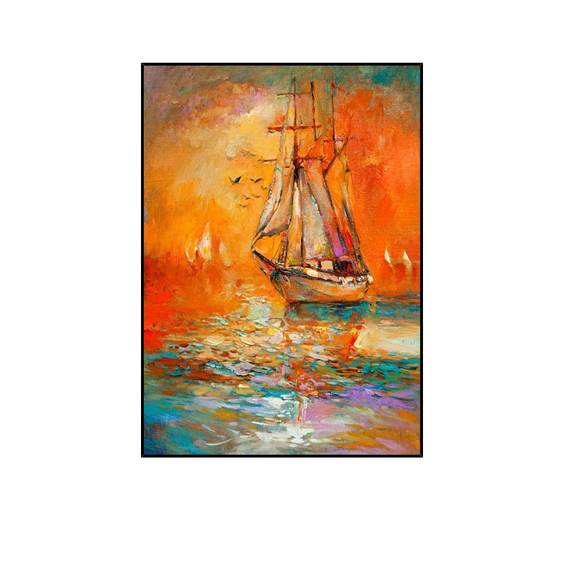 Modern Hand Painted Oil Painting on Canvas Sailing Boat on The Sea Abstract Painting