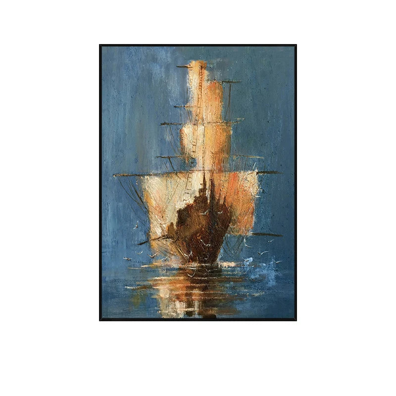 Modern Hand Painted Oil Painting on Canvas Sailing Boat on The Sea Abstract Painting