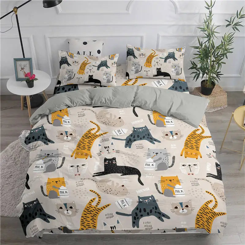 Cartoon Bedding Set Cute Cats Printed 3D Duvet Cover Set Twin Full Queen King