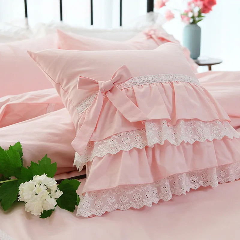 Pink European embroidered cushion cover ruffle Lace Satin cotton pillow cover