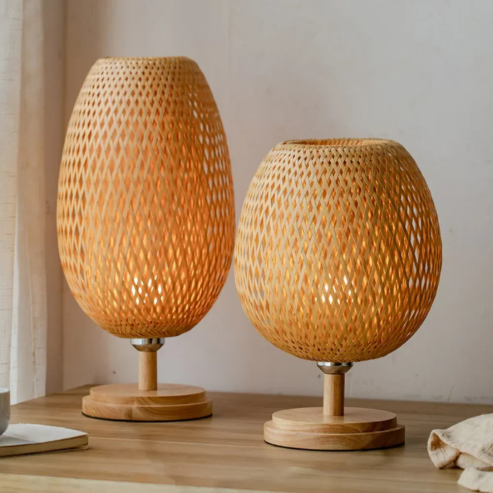 Wood Rattan Lampshade Room Home Decor Art Desk Light