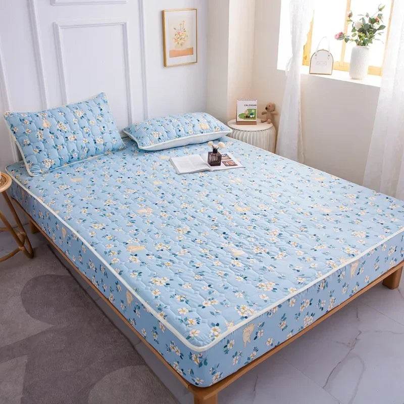 Thick Quilted Mattress Cover, Stitched Bed Linen, Printed Bedding