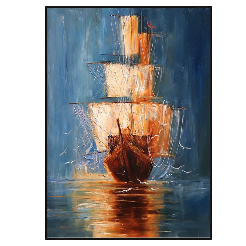 Modern Hand Painted Oil Painting on Canvas Sailing Boat on The Sea Abstract Painting