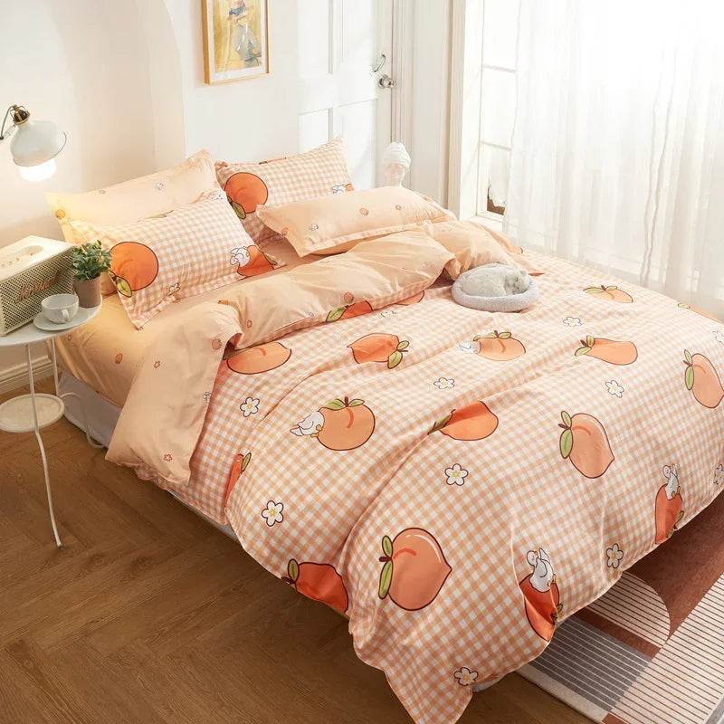 Fruit Print Bedding Sets Kawaii Peach Strawberry Pillow Case Duvet Cover Queen