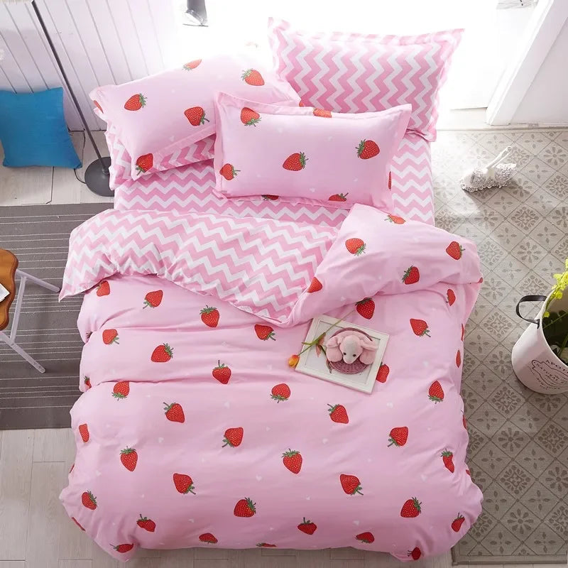 Fruit Print Bedding Sets Kawaii Peach Strawberry Pillow Case Duvet Cover Queen